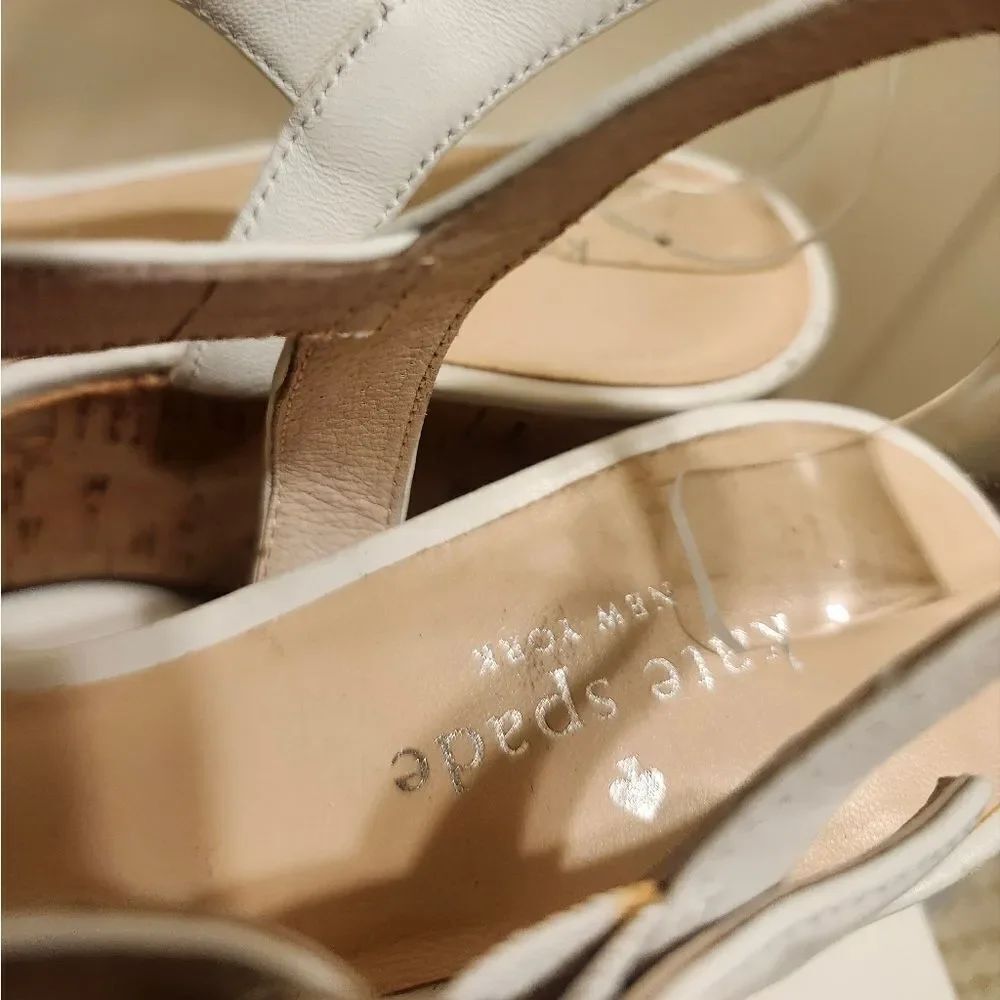 Kate Spade "Tomas" White Leather Ruffle Trim Cork Platform Sandals Sz.7.5 $235 - Picture 5 of 7